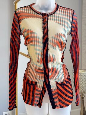 VINTAGE Jean Paul Gaultier Red & Cream Patterned Button-Front Cardigan Top